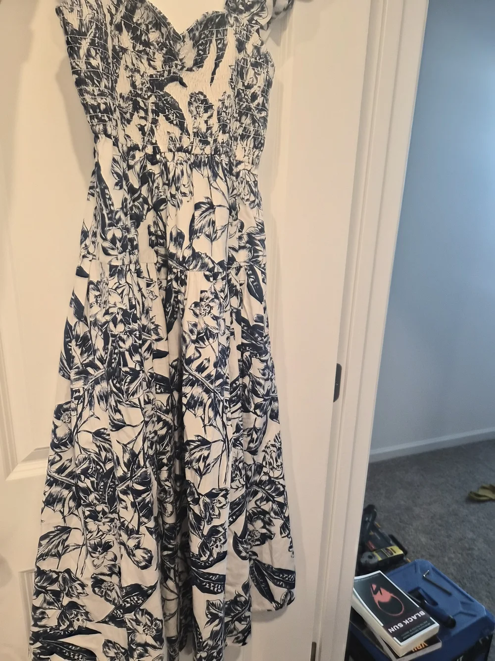 Floral Print Ruffled Strap Maxi Dress - Blue & White